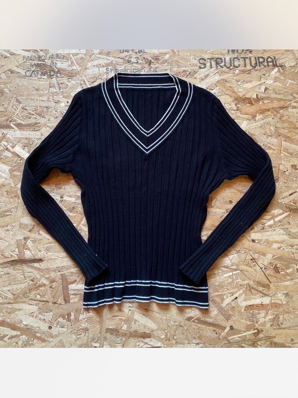 Black Ribbed V-Neck Long Sleeve Sweater with White Trim
